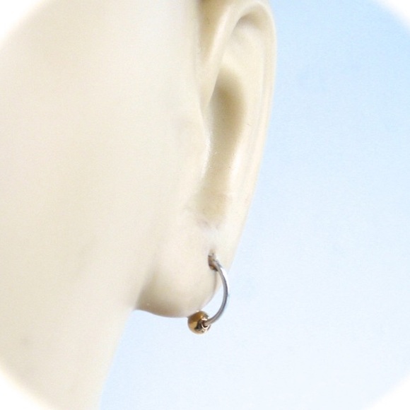 Small 925 Sterling Silver Hammered Lip Sleeper Hoop Earrings with Gold Bead - Picture 3 of 7